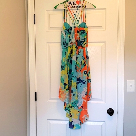 high-low sun dress, casual or formal, size 7/8, floral, criss cross back - Picture 2 of 15